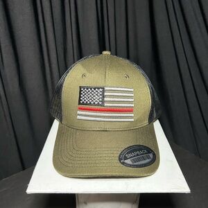 Olive Green Trucker Hat with Embroidered Stripes
